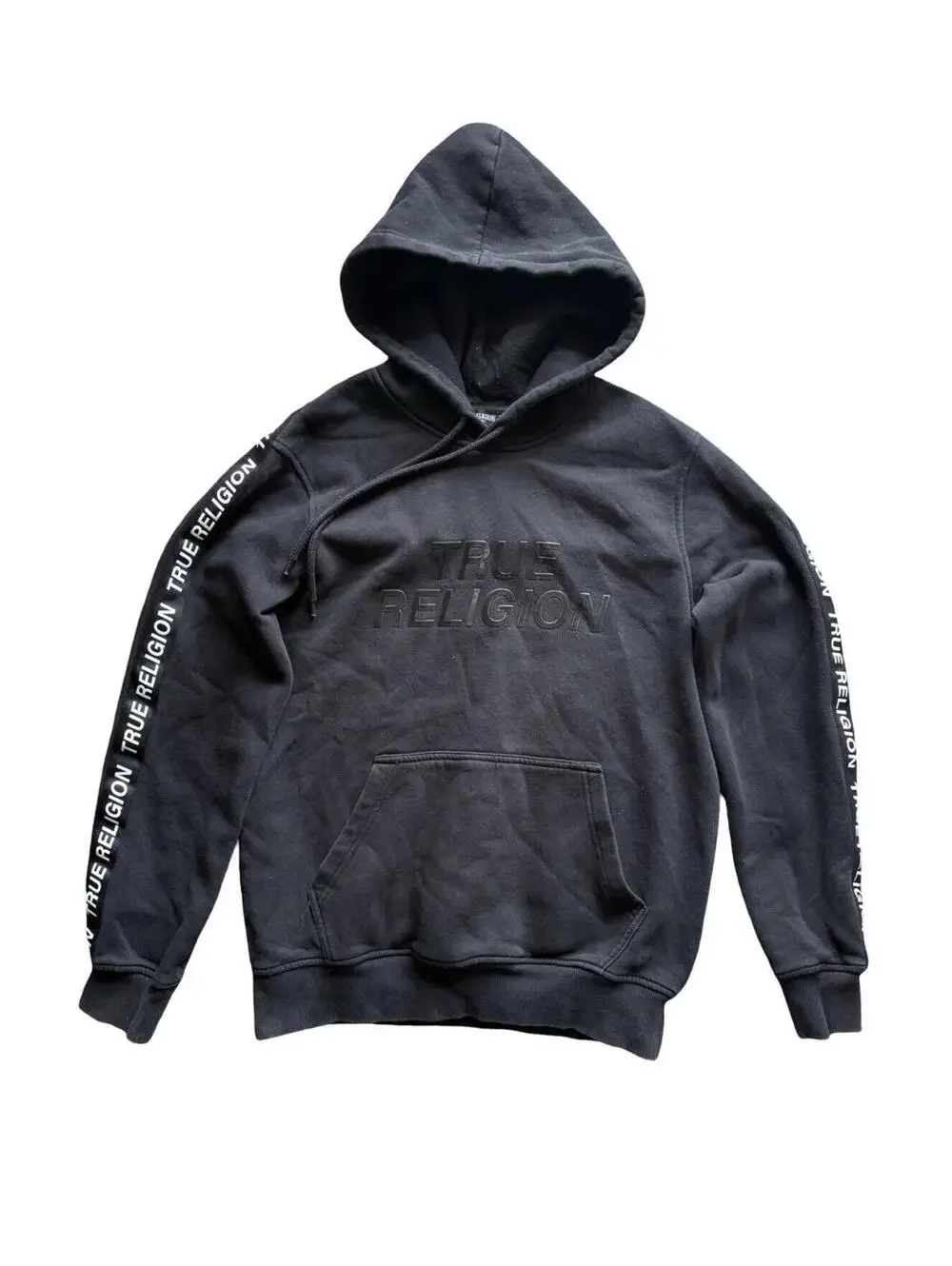 True Religion Silicone Tape Black Spellout Hoodie Pullover Size Small